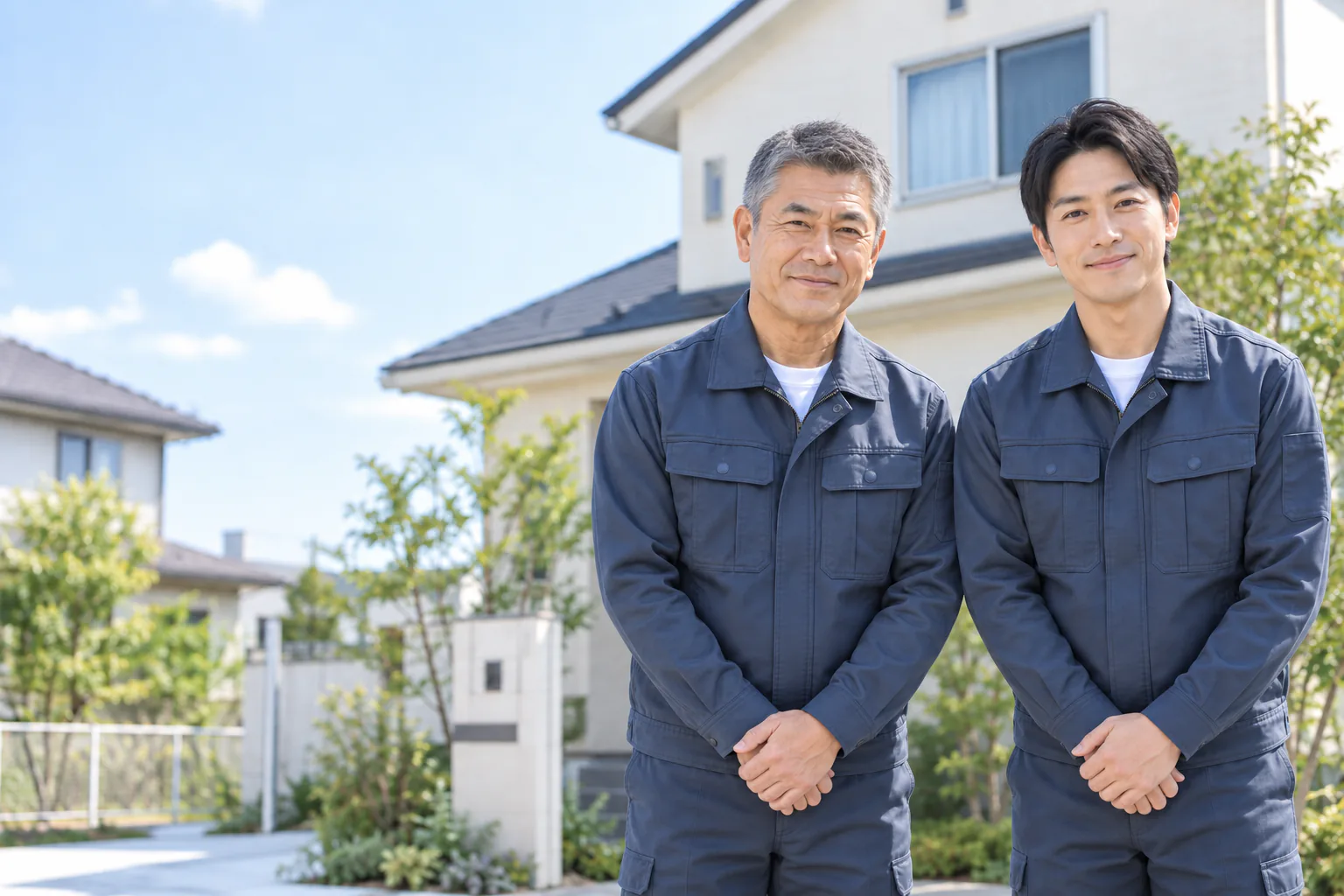 住宅の前で会釈する作業服のスタッフ2人