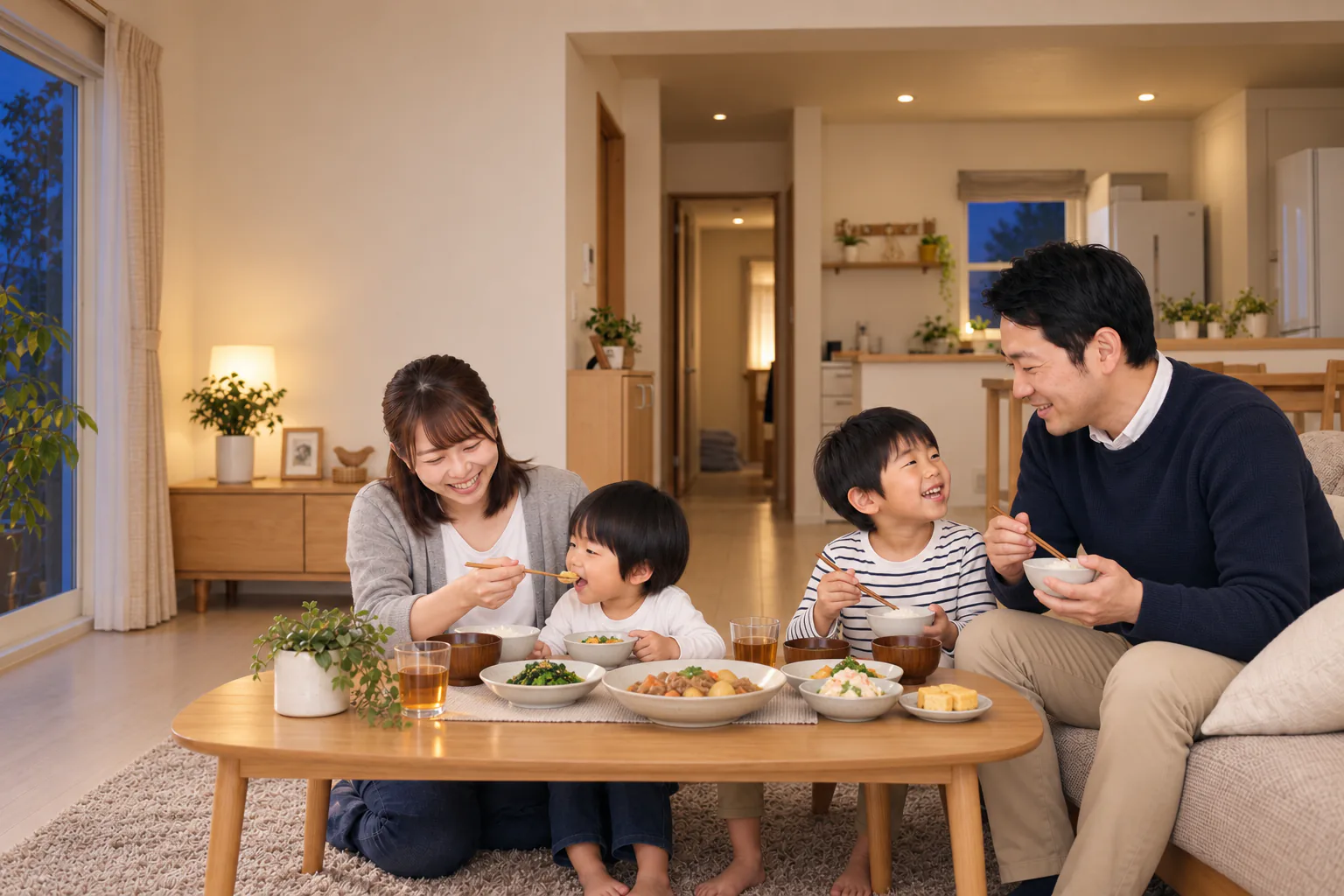 夕方、夕食を囲む家族