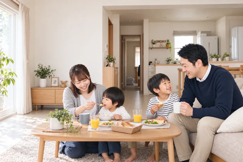 朝、朝食をとる家族。工事は朝にはじめて、その日の夕方に終わる（イメージ）