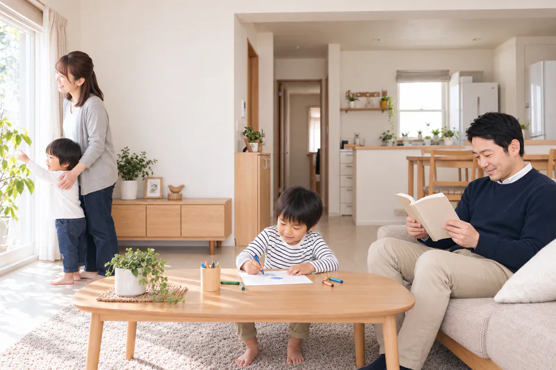 日中、工事の日もリビングでいつもどおり過ごす家族（イメージ）