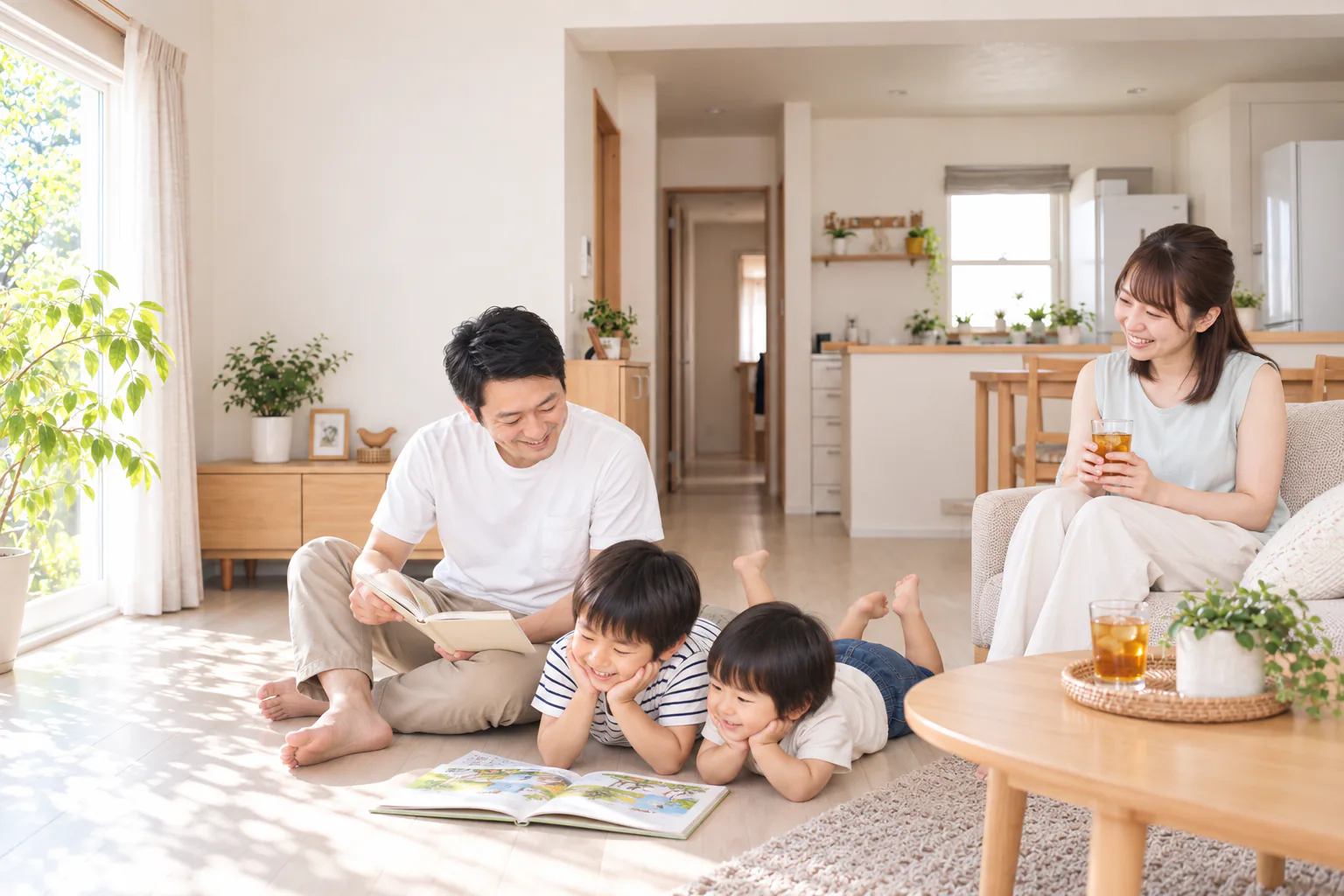 夏、涼しいリビングで床に寝転ぶ子どもたちとくつろぐ両親（イメージ）