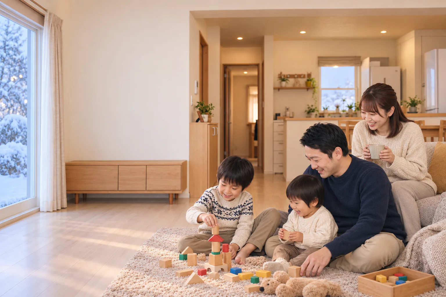 冬、暖かいリビングで積み木で遊ぶ家族（イメージ）