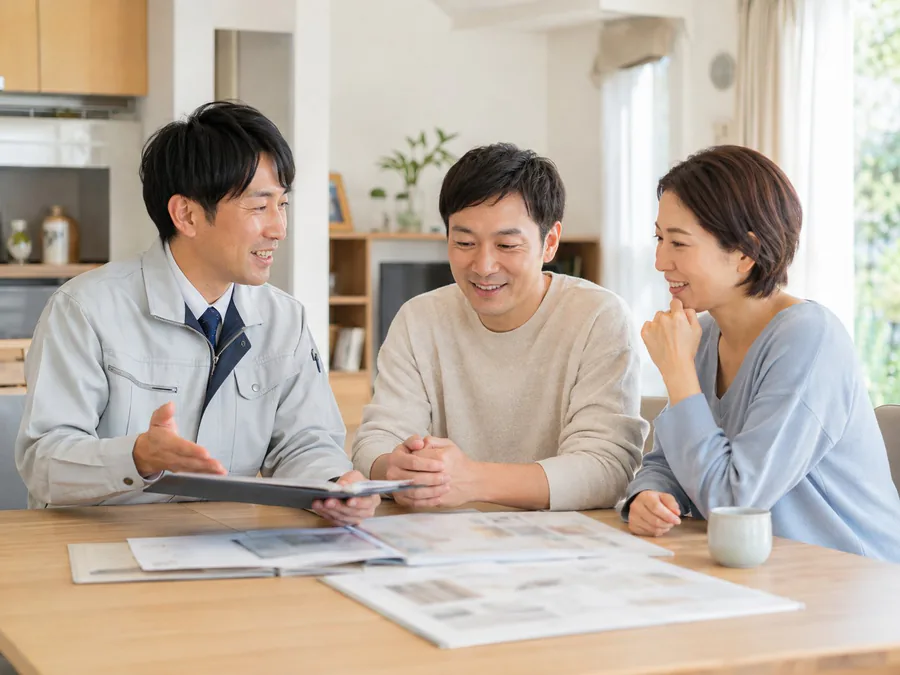 リビングでスタッフがご夫婦に資料を見せながら説明している（イメージ）