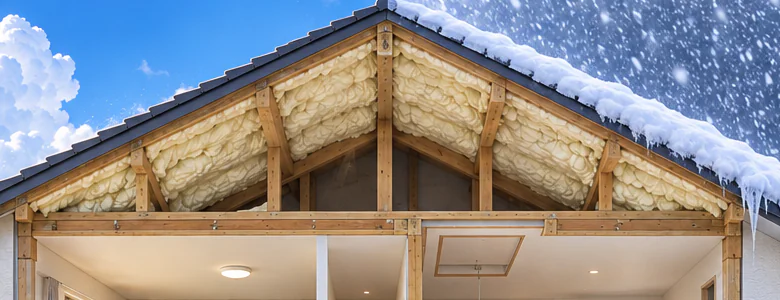 屋根裏の断面。屋根の裏側に厚い発泡ウレタンの層