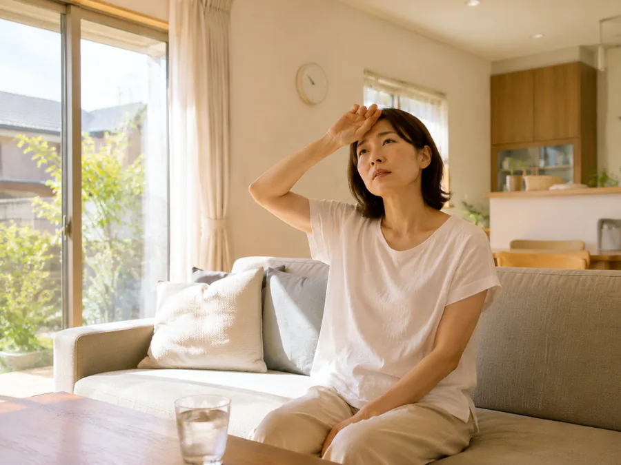 夏、暑さに額の汗をぬぐう女性